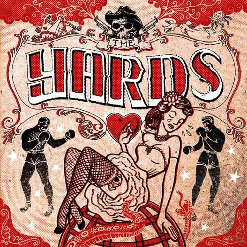 Album cover art for The Yards' Album "The Yards". A black, red and pink image of a cabaret dancer holding a red love heart, with two vintage boxer silhouettes either side of her, and a skull with crossed pistols at the top. the look like tattoo art.