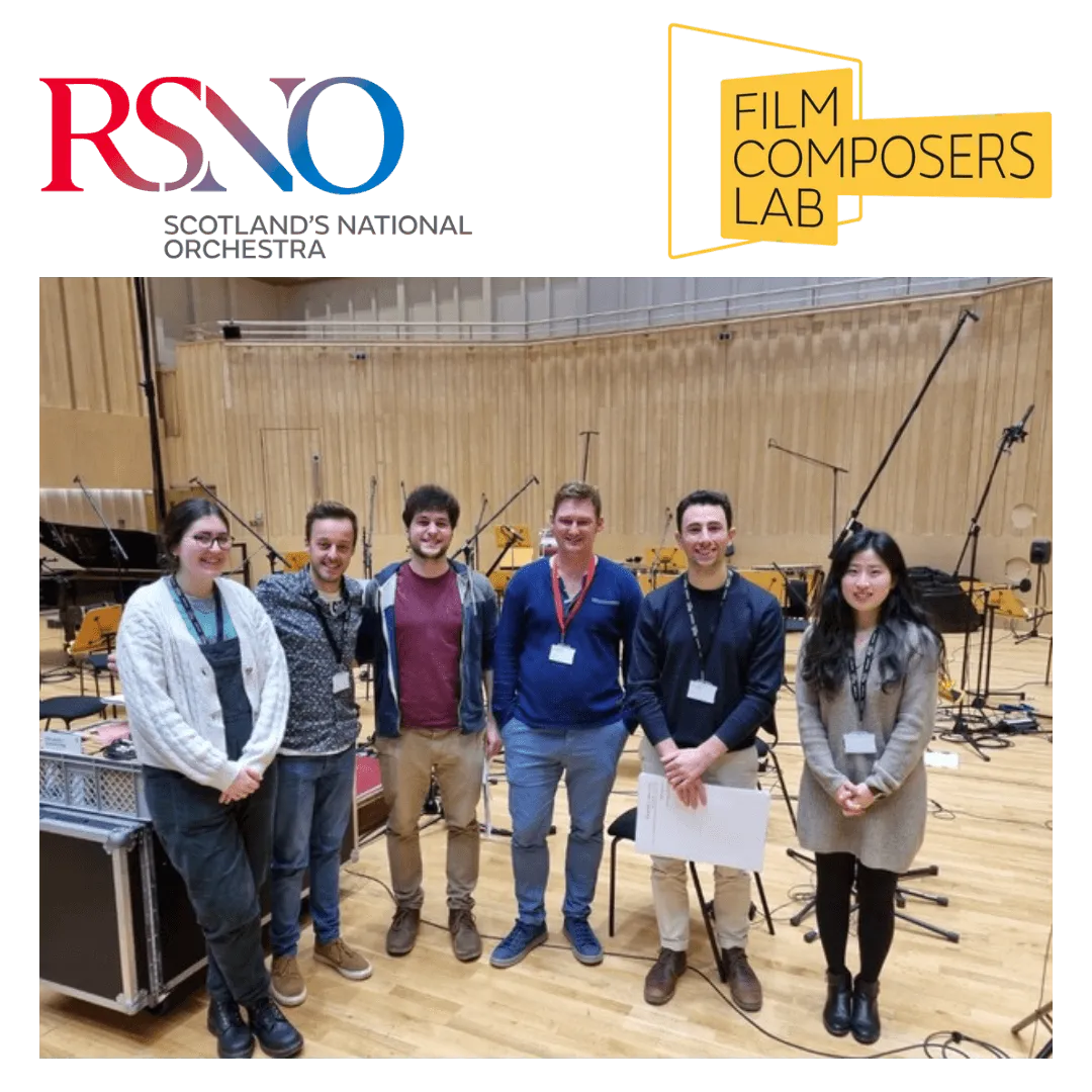 Photograph of Jon Hargreaves and five young composers in a recording studio