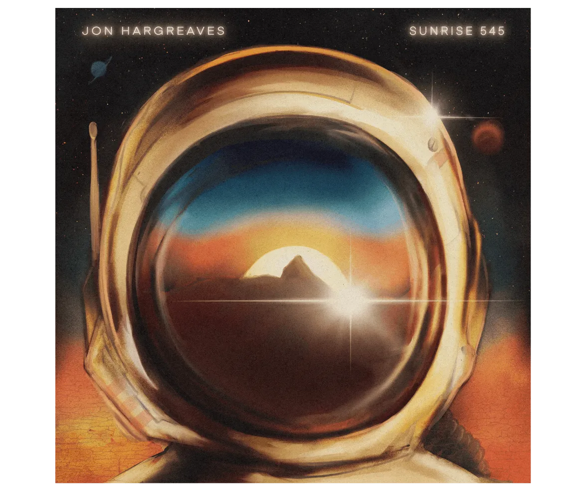 Album cover. A closeup of an astronaut's helmet with a planet and stars in the background. The visor shows a reflection of a sunrise over a mountain.