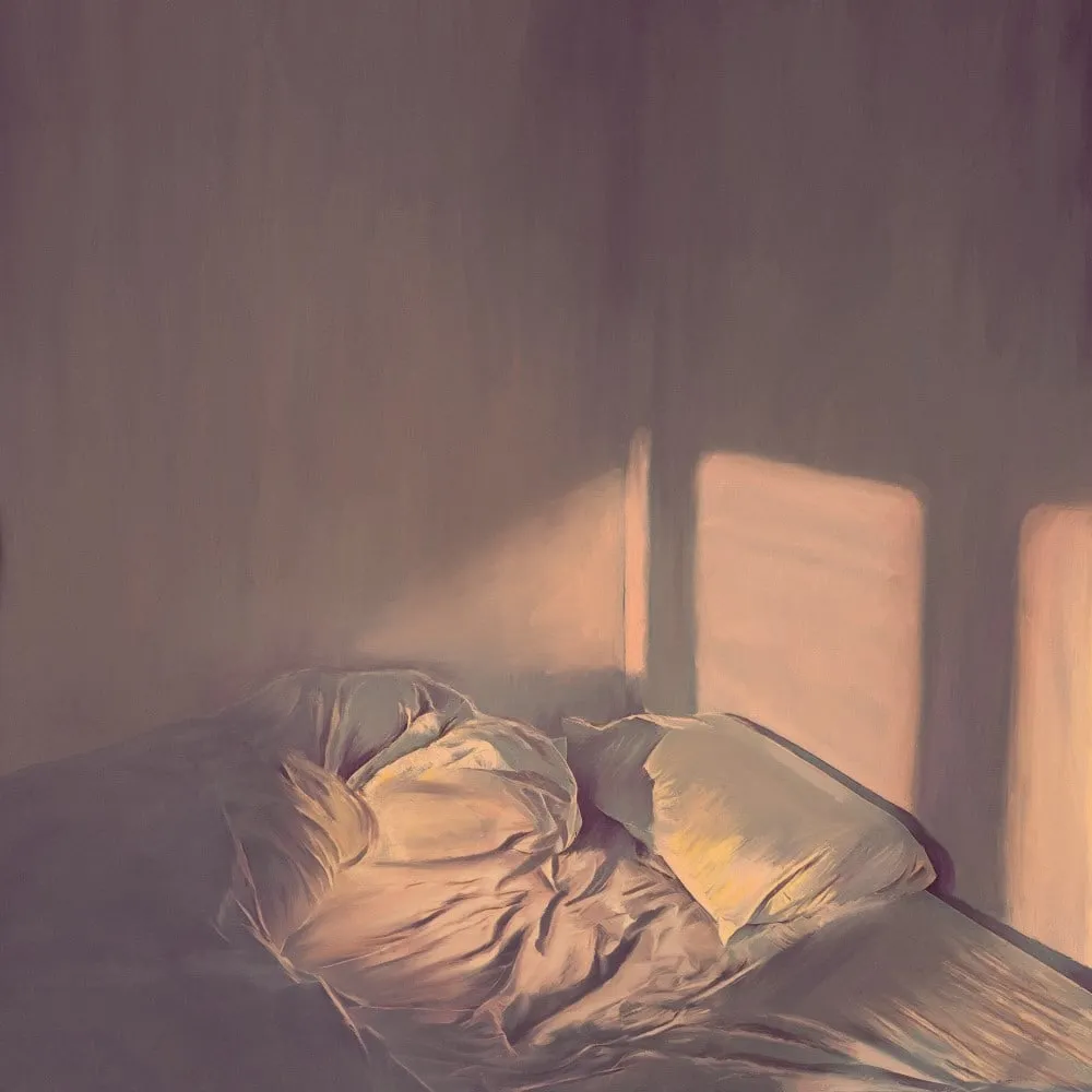 Cover art for Martha Bean and Jon Hargreaves' album "First Light". A painting of a bed with rumpled sheets against a plain wall. The image is saturated with peachy morning sunlight.