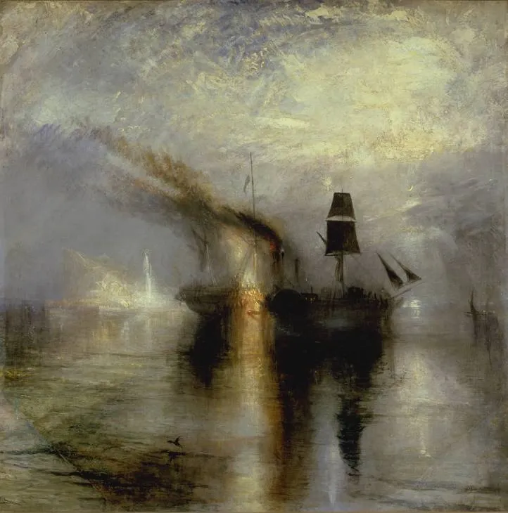 Burial at sea - a painting by JMW Turner. A fire aboard a dark ship sees the beginning of its demise.