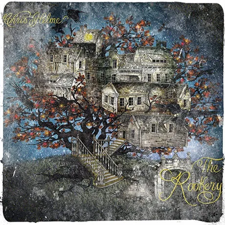 Cover art for Chris Helme's album "The Rookery". A coloured pen drawing of black and white wooden houses set up in the branches of an autumnal tree.