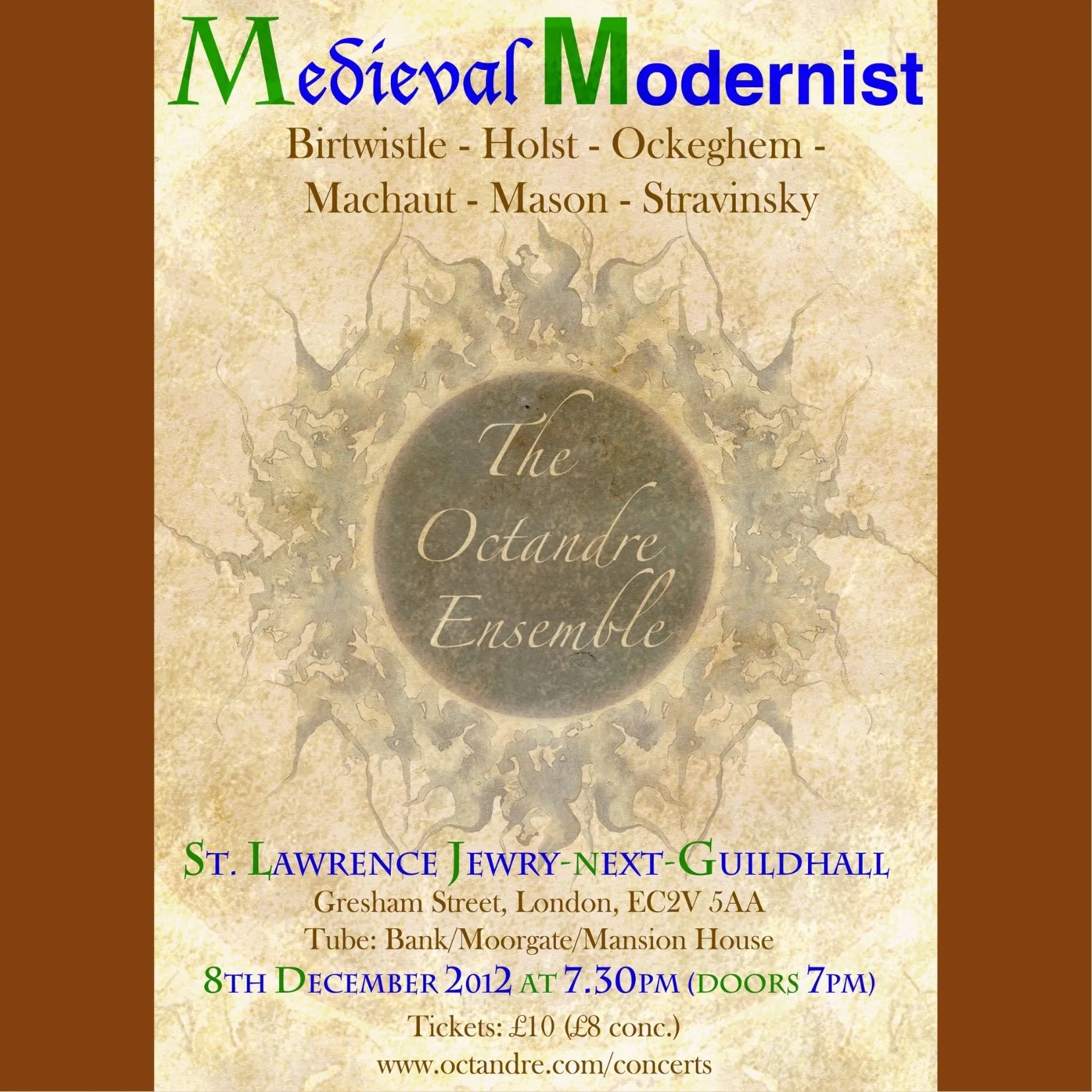 Promotional Image for the Octandre Ensemble's Medieval; Modernist concert, November 2021, featuring the ensemble logo.