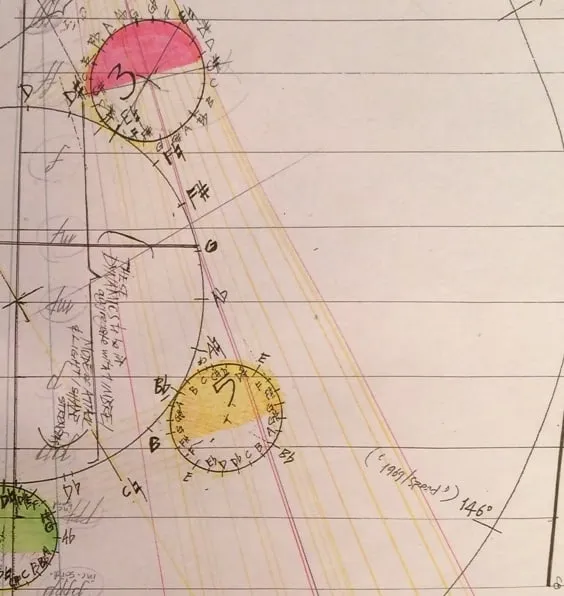 Closeup scan of a diagram, featuring geometric shapes, musical letter names, intersection lines and map coordinates.