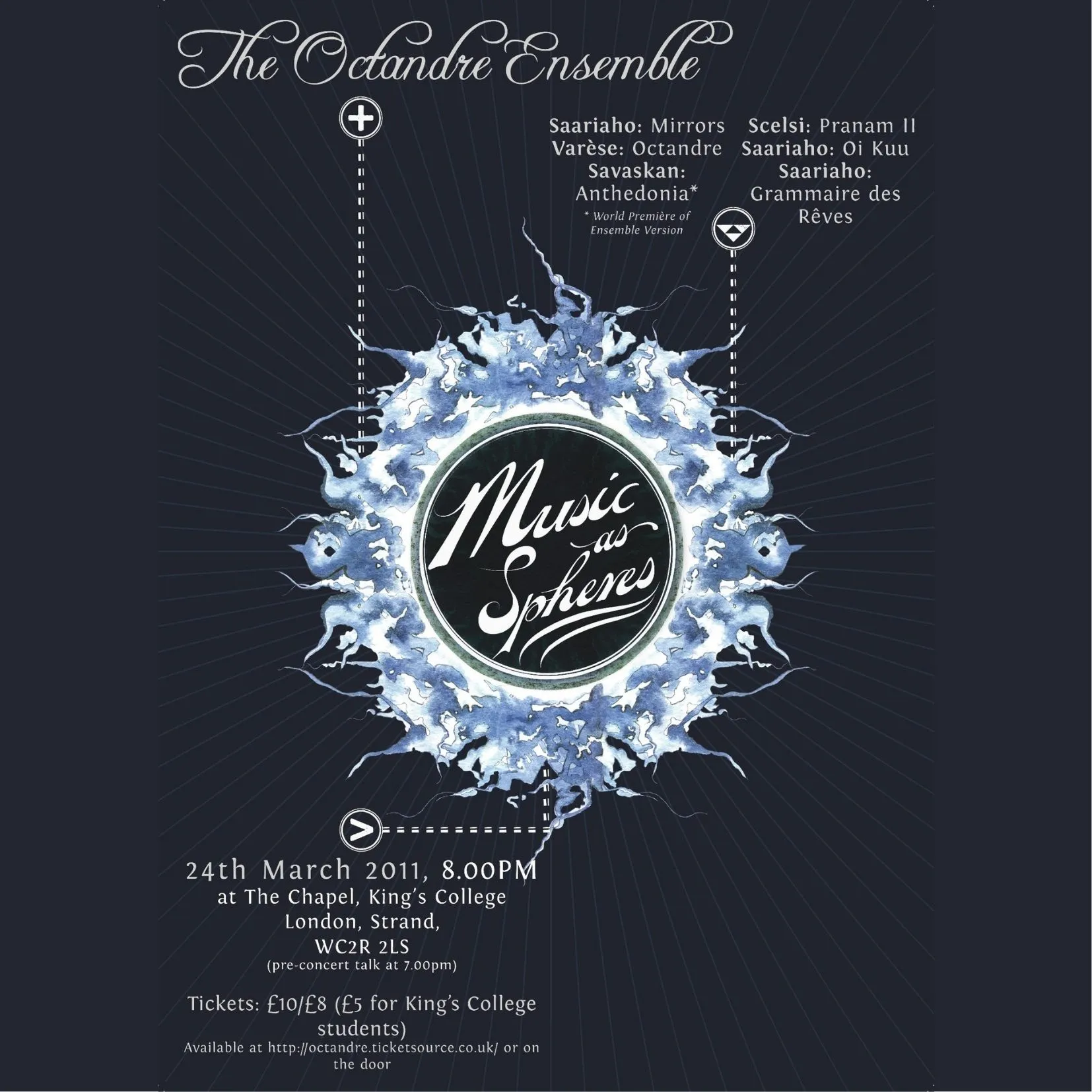 Promotional poster for event, featuring the Octandre Ensemble logo (a swirling blue sphere) on a midnight blue background.