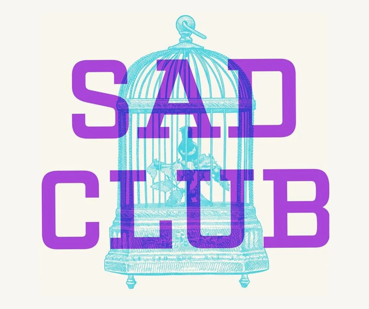Logo for Sad Club. Pink block text over a stylised, blue birdcage