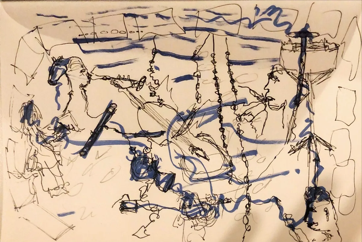 Abstract, scribbled pen drawing of musicians and instruments.