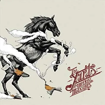 Cover art for The Yards' album "Imperial Measures". A pen drawing of a black horse rearing up on its hind legs, with billows of white smoke and burning books around its feet.